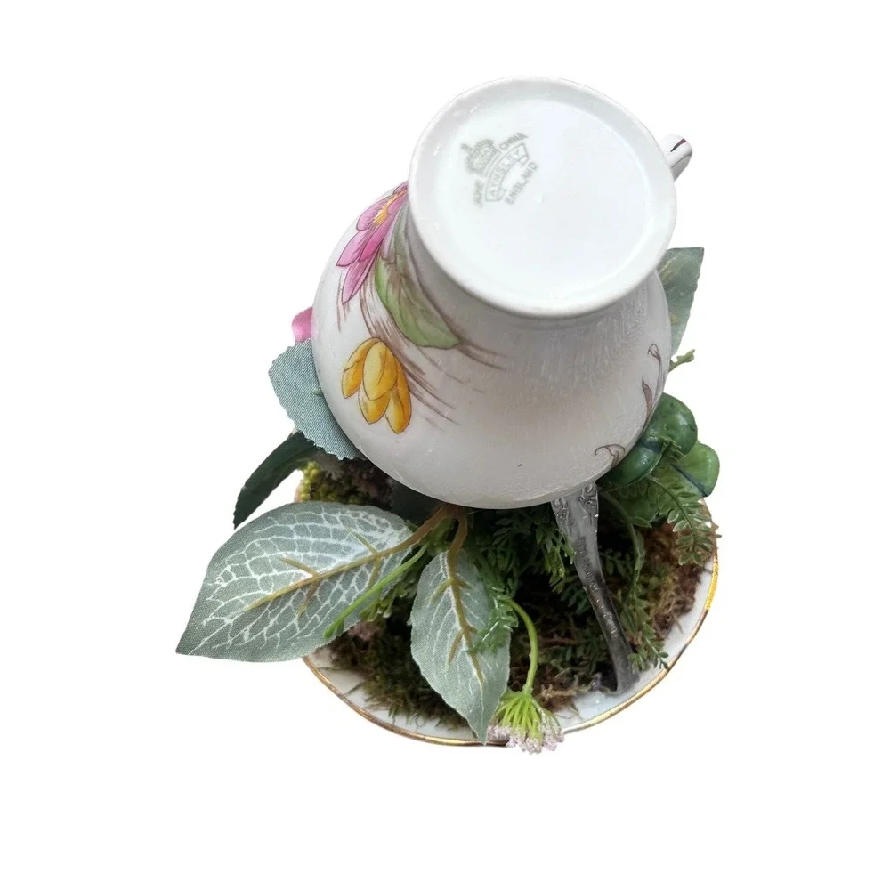 Aynsley‎ England Floating Teacup Centerpiece Faux Floral Pink Rose Butterfly